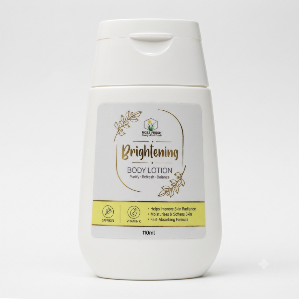 ROZZ FRESH Brightening Body Lotion 110ml ROZZ FRESH Brightening Body Lotion 110ml bottle front view with Saffron and Vitamin C