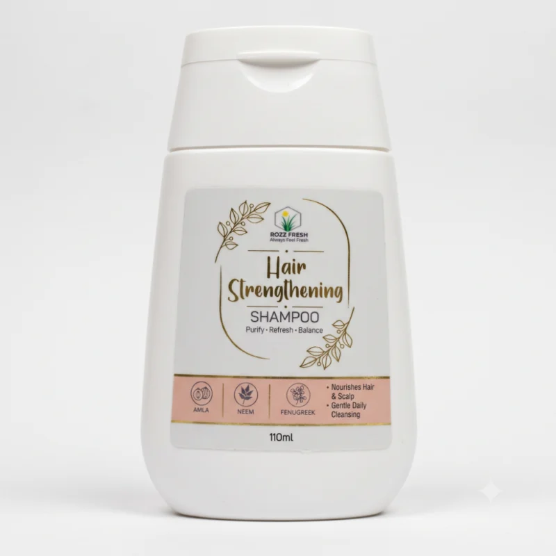 ROZZ FRESH Hair Strengthening Shampoo 110ml bottle front view with Amla, Methi, and Neem