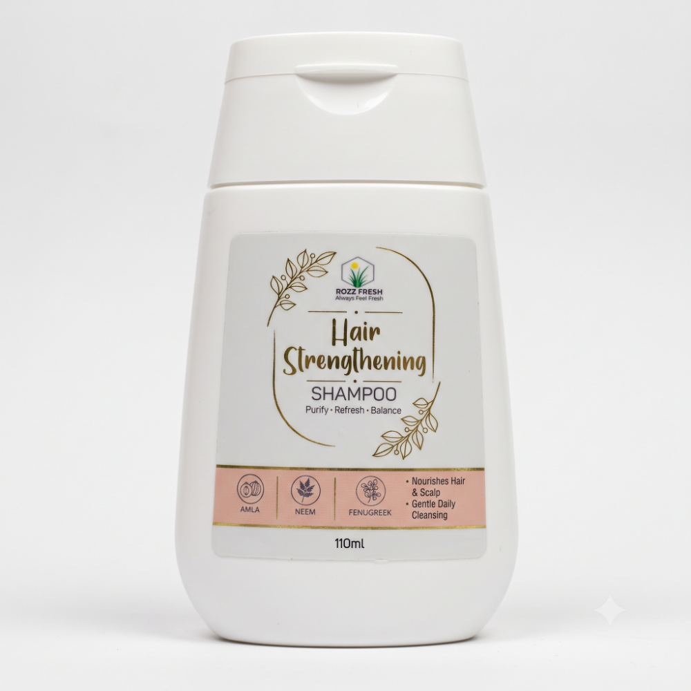 ROZZ FRESH Hair Strengthening Shampoo 110ml ROZZ FRESH Hair Strengthening Shampoo 110ml bottle front view with Amla, Methi, and Neem