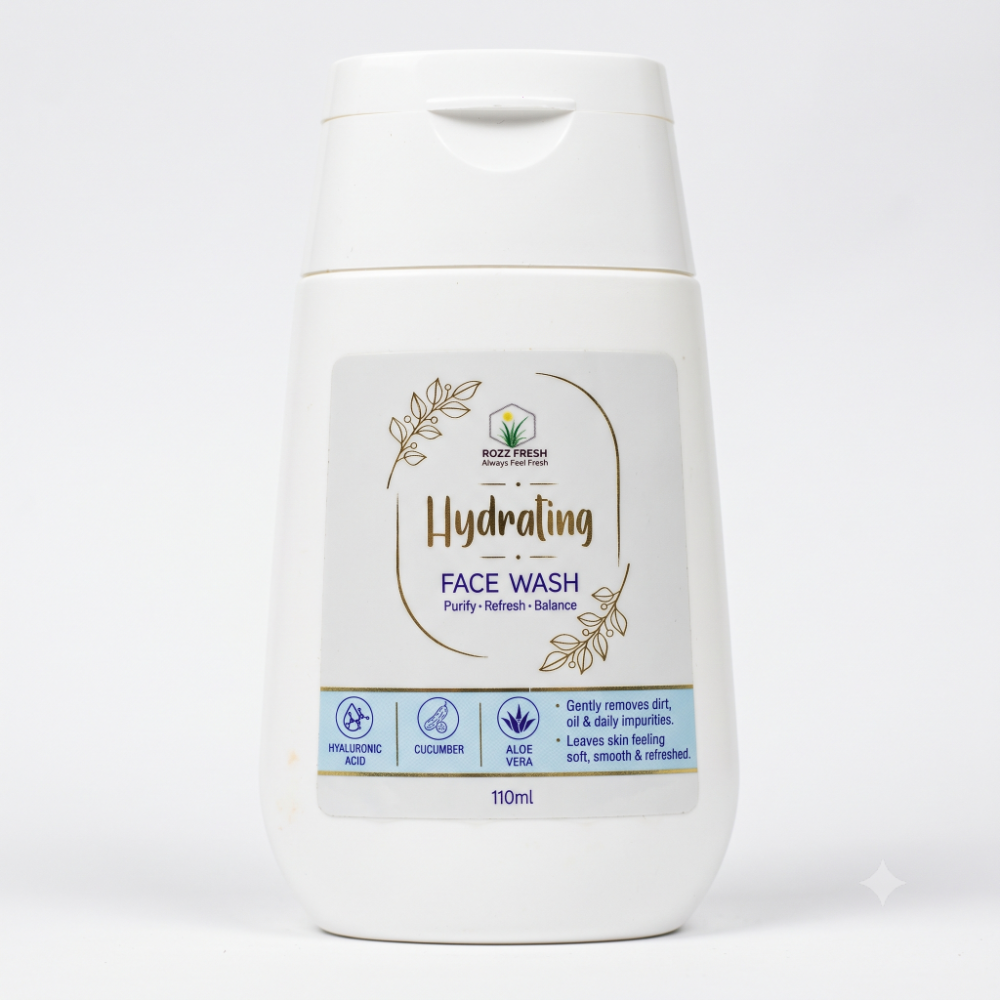 ROZZ FRESH Hydrating Face Wash 110ml bottle front view with Hyaluronic Acid and Cucumber ROZZ FRESH Hydrating Face Wash 110ml bottle front view with Hyaluronic Acid and Cucumber