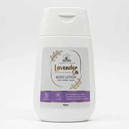 ROZZ FRESH Lavender Silk Body Lotion 110ml bottle front view with Lavender and Calendula