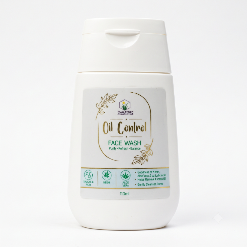 ROZZ FRESH Oil Control Face Wash 110ml ROZZ FRESH Oil Control Face Wash 110ml bottle front view with Salicylic Acid and Neem