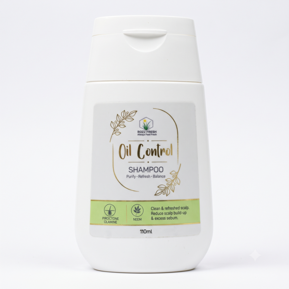 ROZZ FRESH Oil Control Shampoo 110ml ROZZ FRESH Oil Control Shampoo 110ml bottle front view with Piroctone Olamine and Neem